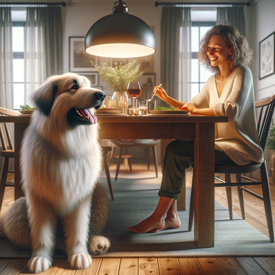Dog and girl in a dining room having food together 